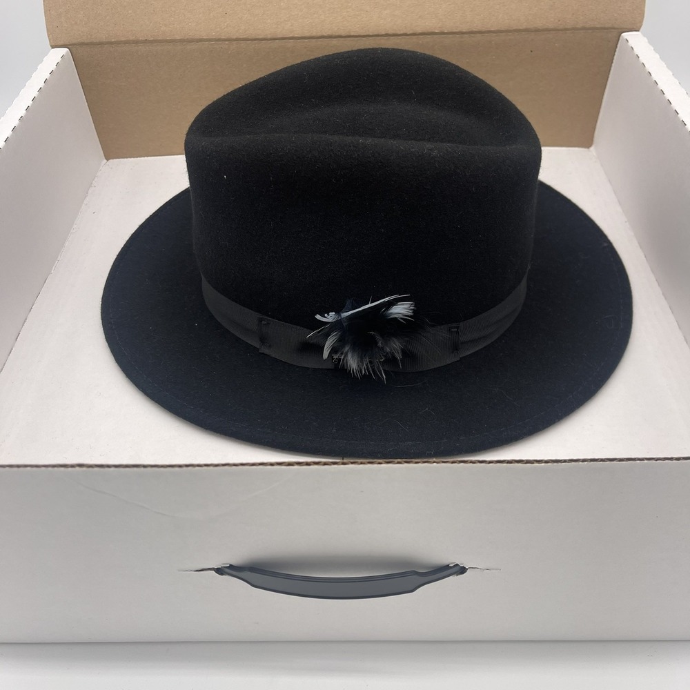Stetson Black Wool Felt Fedora Hat with Feather Accent Mens Small